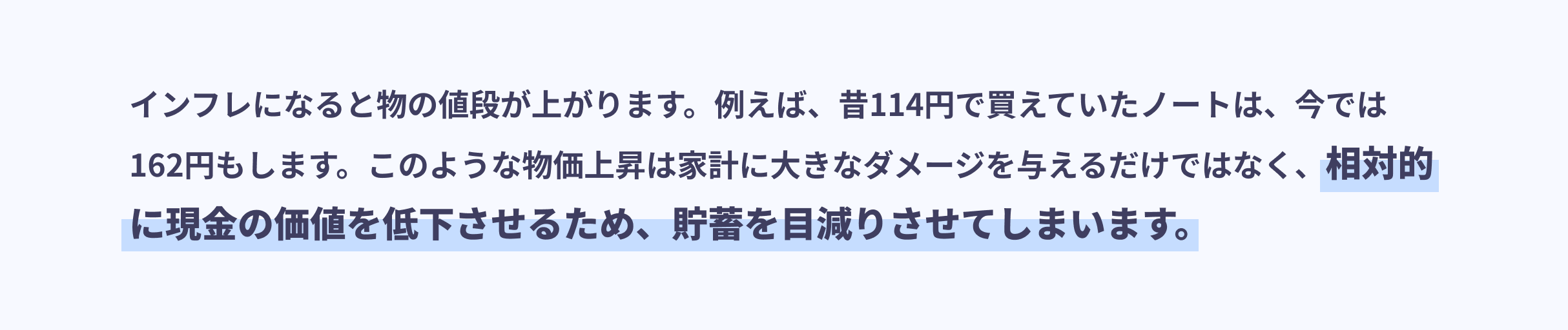 インフレになると物の値段が上がります。例えば、昔114円で買えていたノートは、今では162円もします。このような物価上昇は家計に大きなダメージを与えるだけではなく、相対的に現金の価値を低下させるため、貯蓄を目減りさせてしまいます。